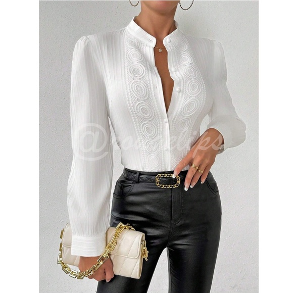 White Embroidered Lace Button Down French Style Shirt Long Sleeve - Picture 2 of 11